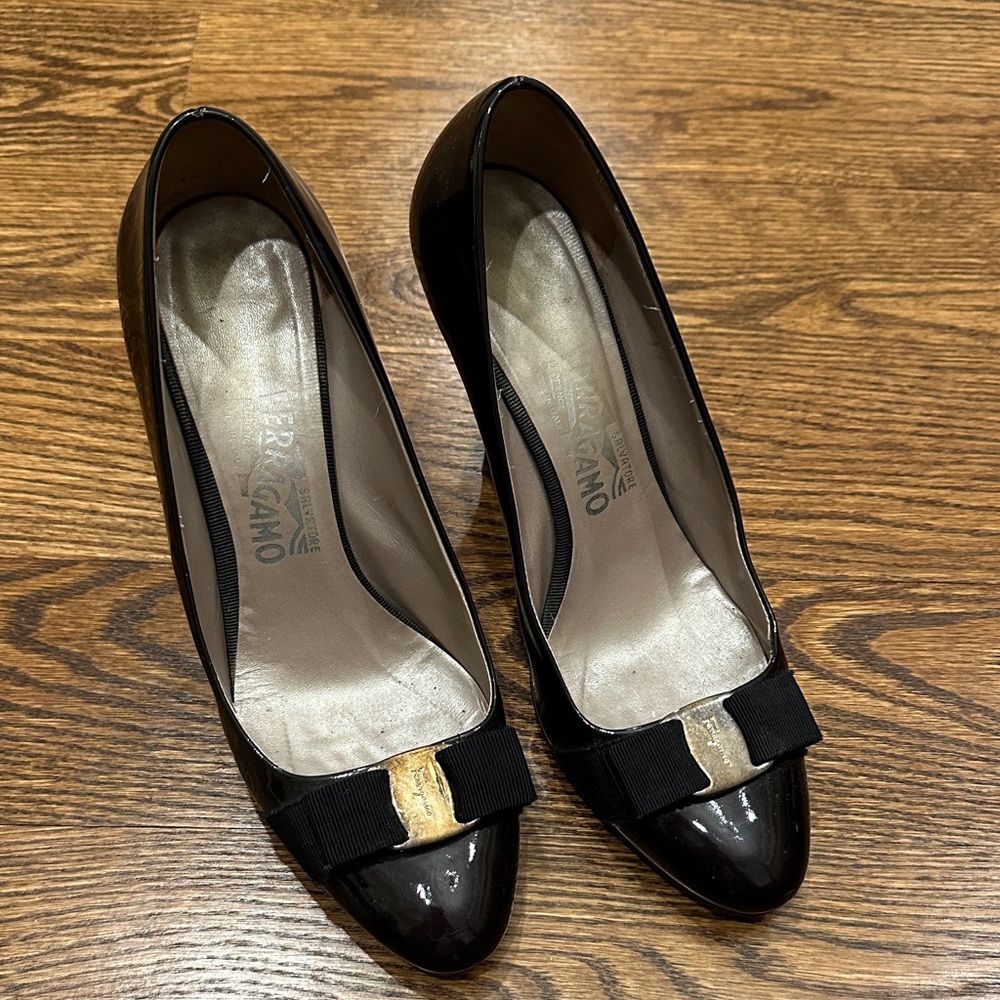 Salvatore Ferragamo Black Patent Wedges with Gold Accent